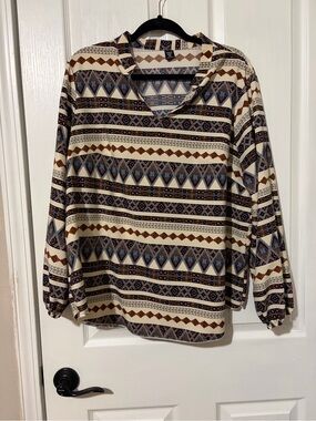 Boho Aztec Print V-Neck Long Sleeve Top - Cream, Blue, Brown